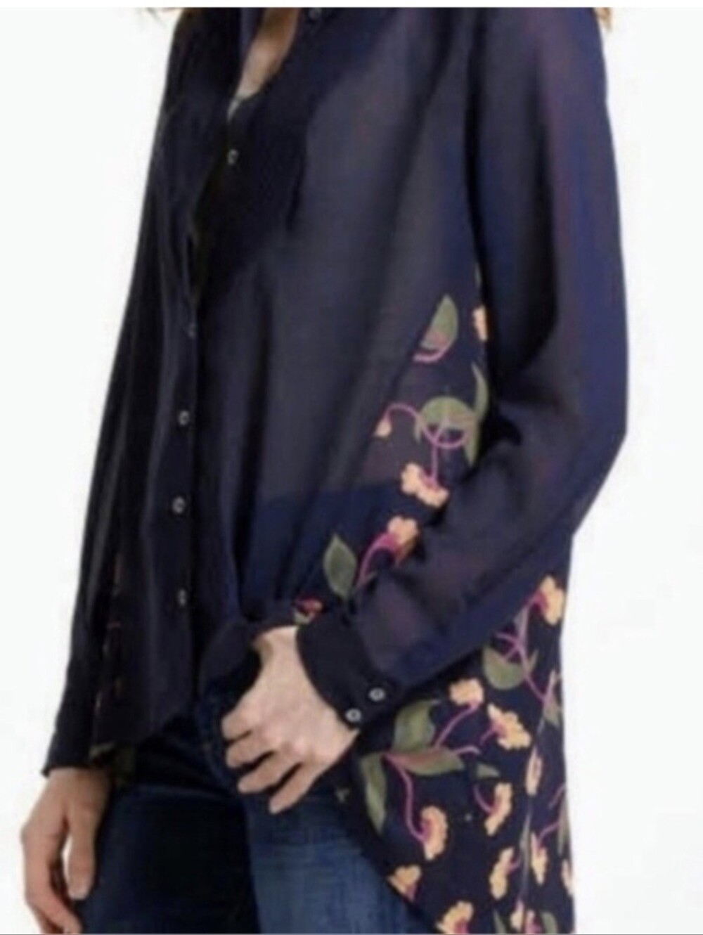 Anthropologie Maeve Ira Navy Blue Floral Hi-Low Button Blouse